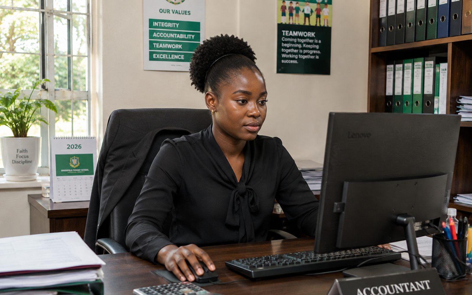 A school Bursar working at her desk in the finance office.