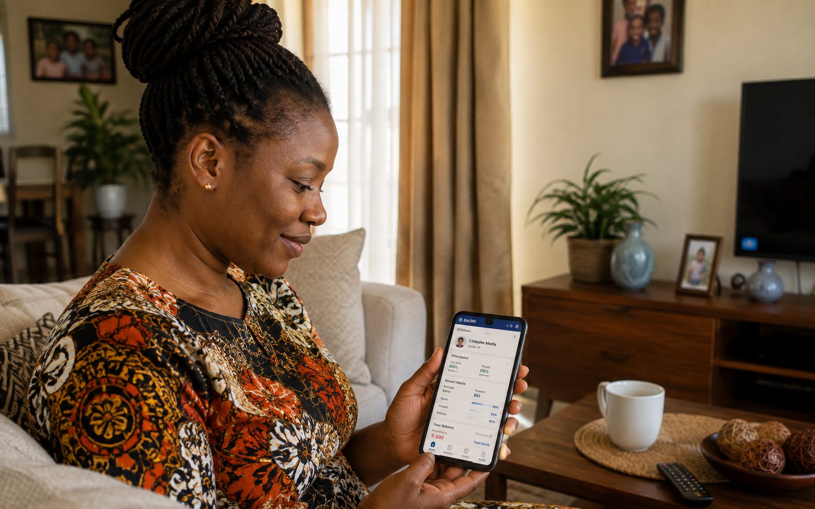 A parent checking her child's progress on the Edu360 app at home.